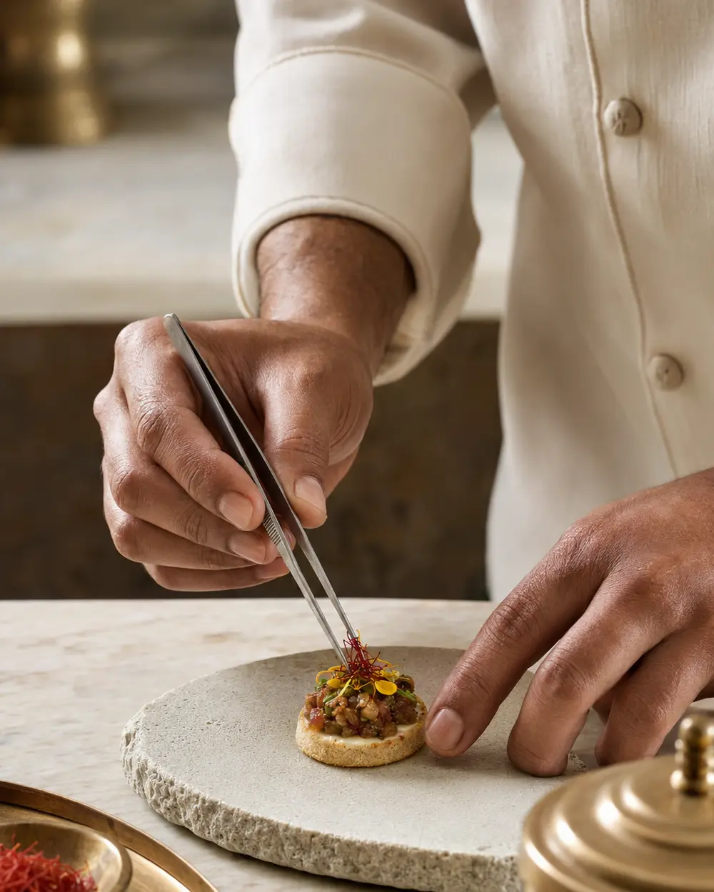Chef carefully finishing an elegant canapé by hand