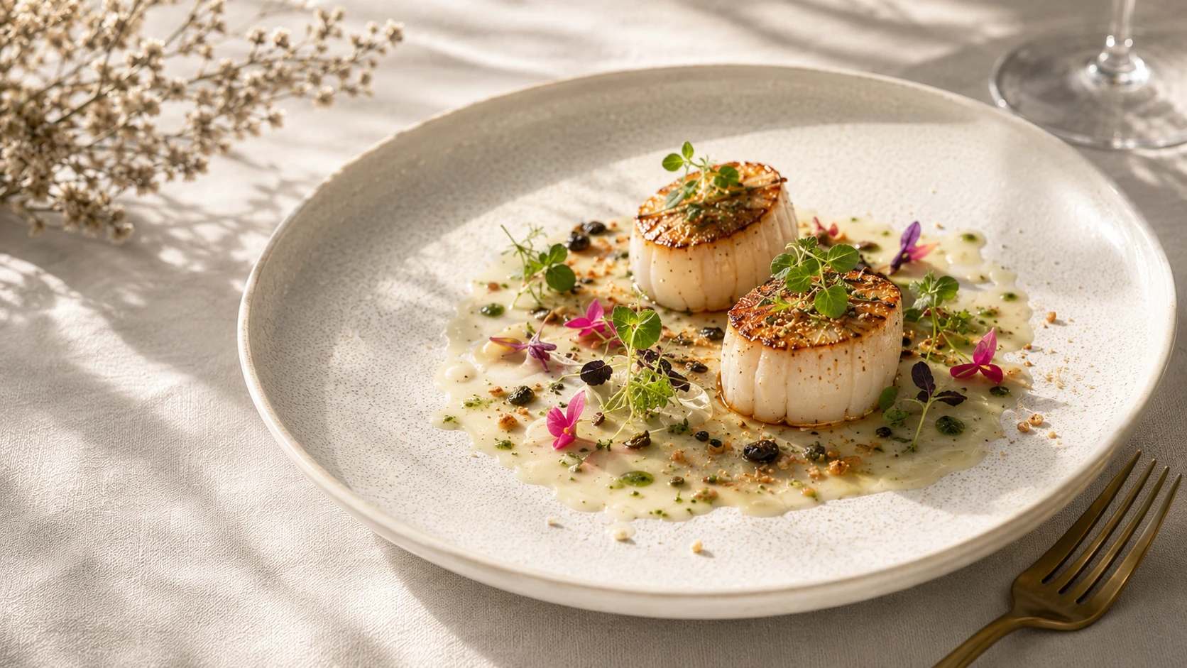 Seared scallops with microgreens, edible flowers and herb oil on a handmade ceramic plate